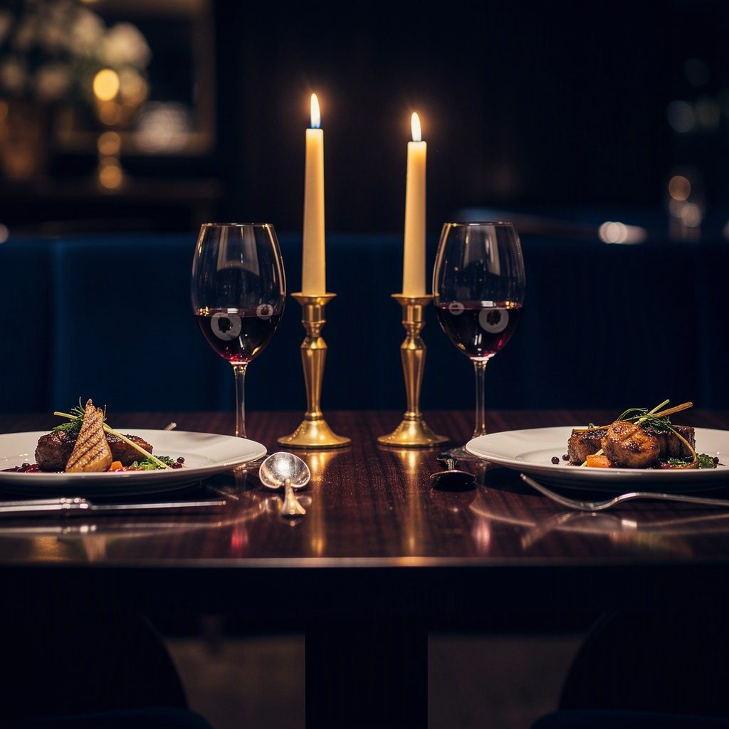 Candlelit dinner table set for two at an upscale restaurant