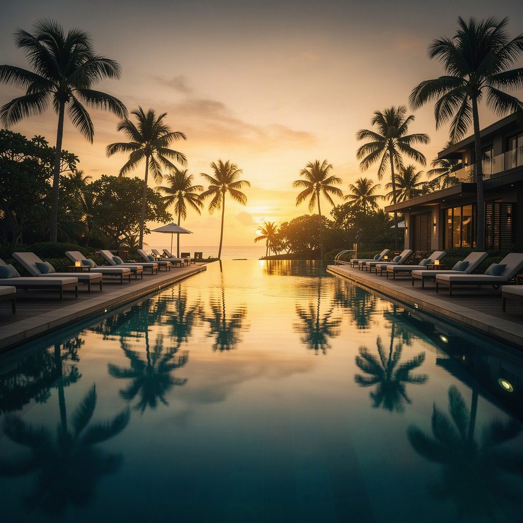 Tropical resort infinity pool at golden hour
